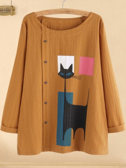 Loose Long Sleeve Cartoon Cat Print Button Round Neck Blouse