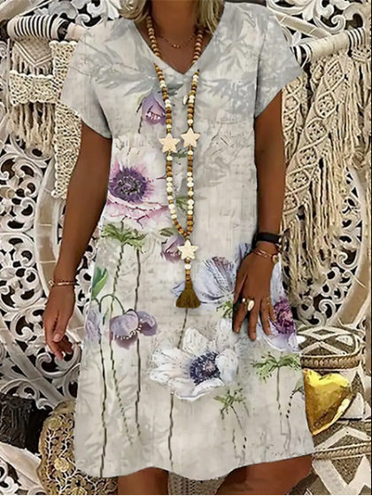 V-neck Casual Loose Floral Print Short Sleeve Short Dress