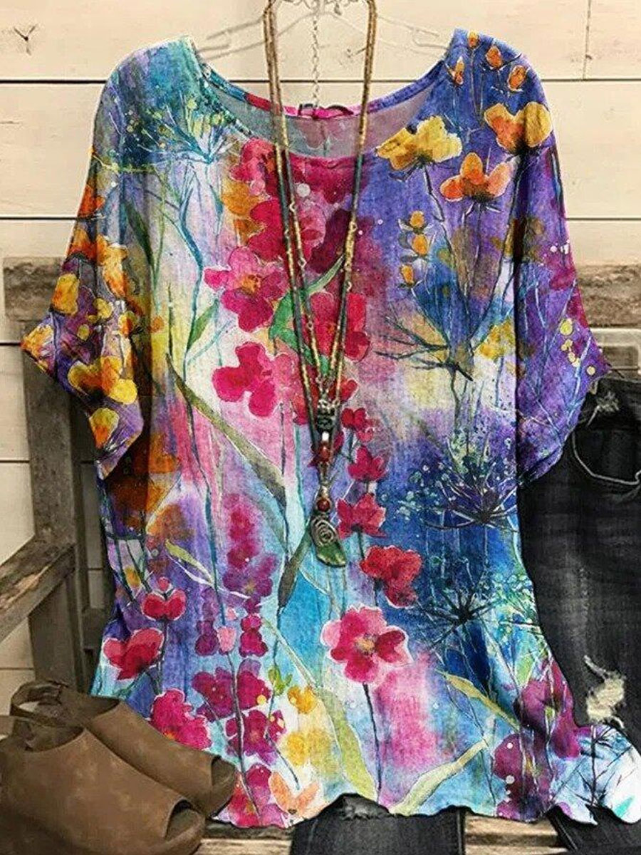 Round Neck Floral Print Loose Short Sleeve Blouse