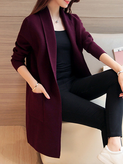 Lapel  Elegant  Plain  Long Sleeve  Knit Cardigan