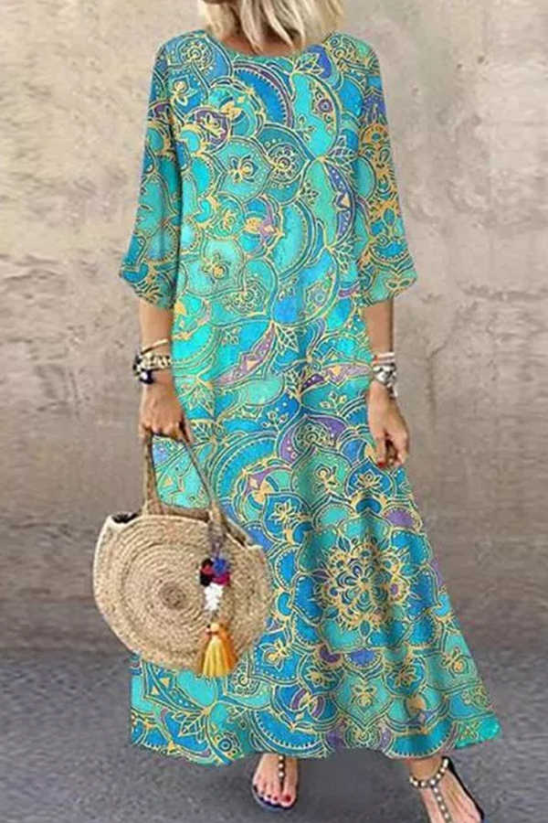 Round neck loose sleeve print dress