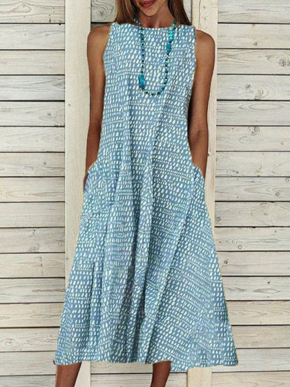 Ladies Cotton Casual Polka Dot Printing Maxi Dress