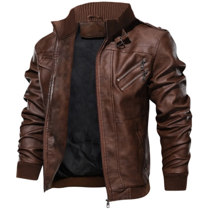 Men's Outdoor Coldproof Stand Collar Zipper Pocket Motorcycle Leather Jacket