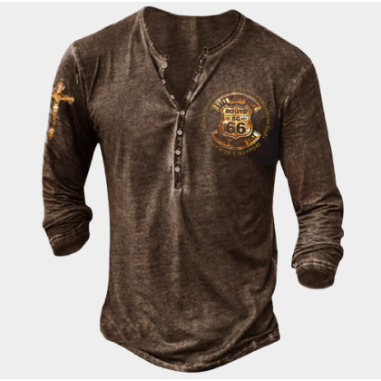 Men's retro button printed long-sleeved T-shirt