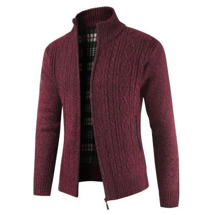 Mens Knitted Cardigan Thick Sweater Full Zip Stand Collar Warm Jumper Fleece Lined Winter Coat