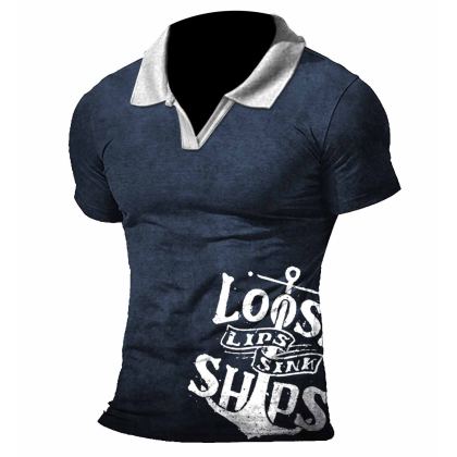 Loose Lips Sink Ships Men's Nautical Anchor Print Polo Shirt