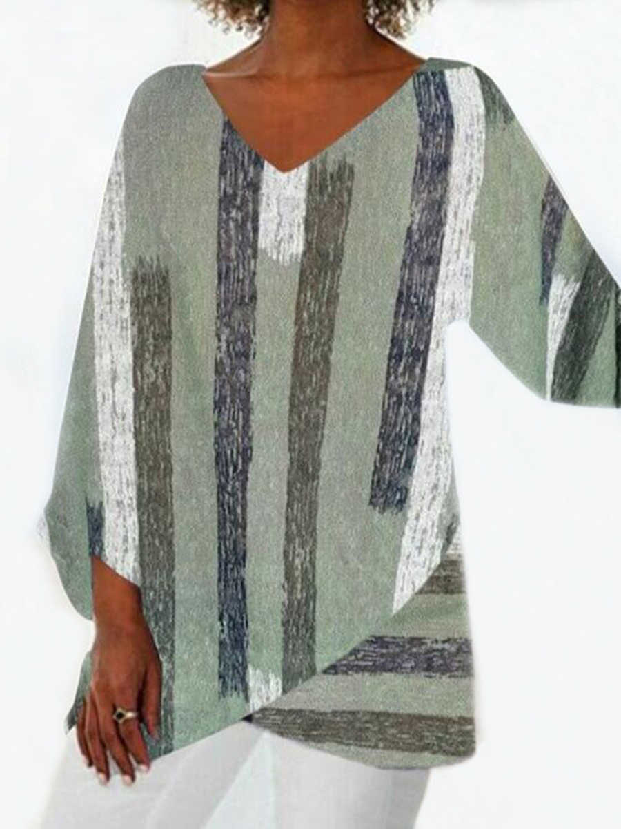 Casual V-Neck Stripe Print Irregular Hem Shirt